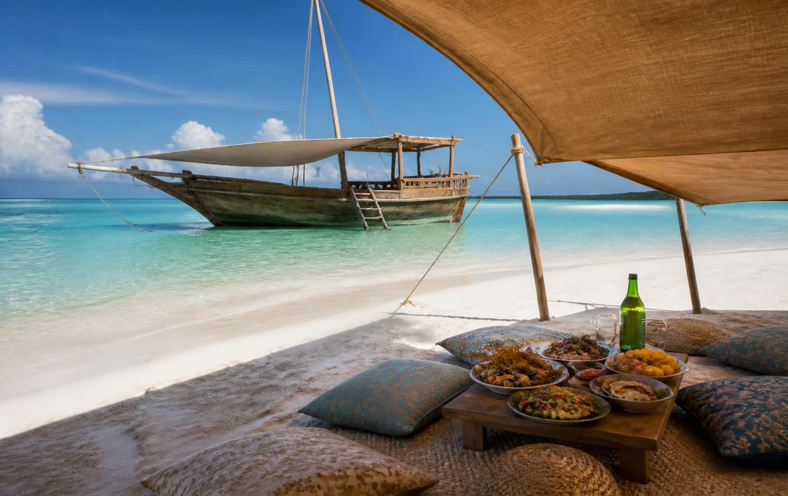 Dhow anchored at a sandbank with a shaded picnic set up in Zanzibar