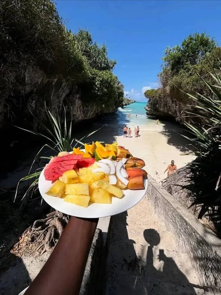 Fresh tropical fruit overlooking a Zanzibar cove
