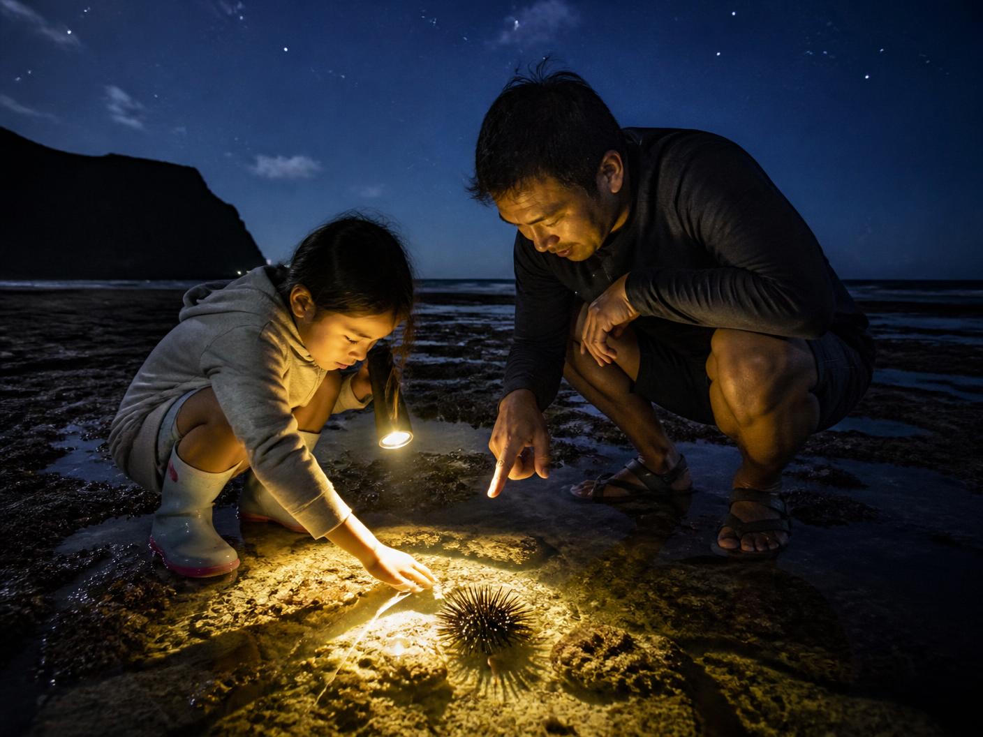 An adult and a child looking at a sea urchin in a tide pool by torchlight