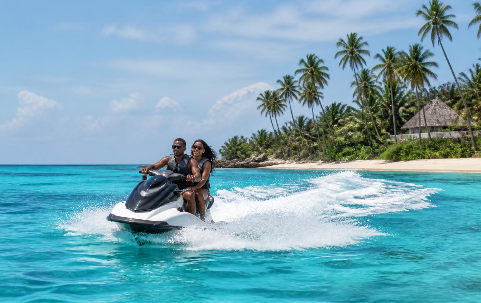 Jet ski crossing bright turquoise water along the Zanzibar coast