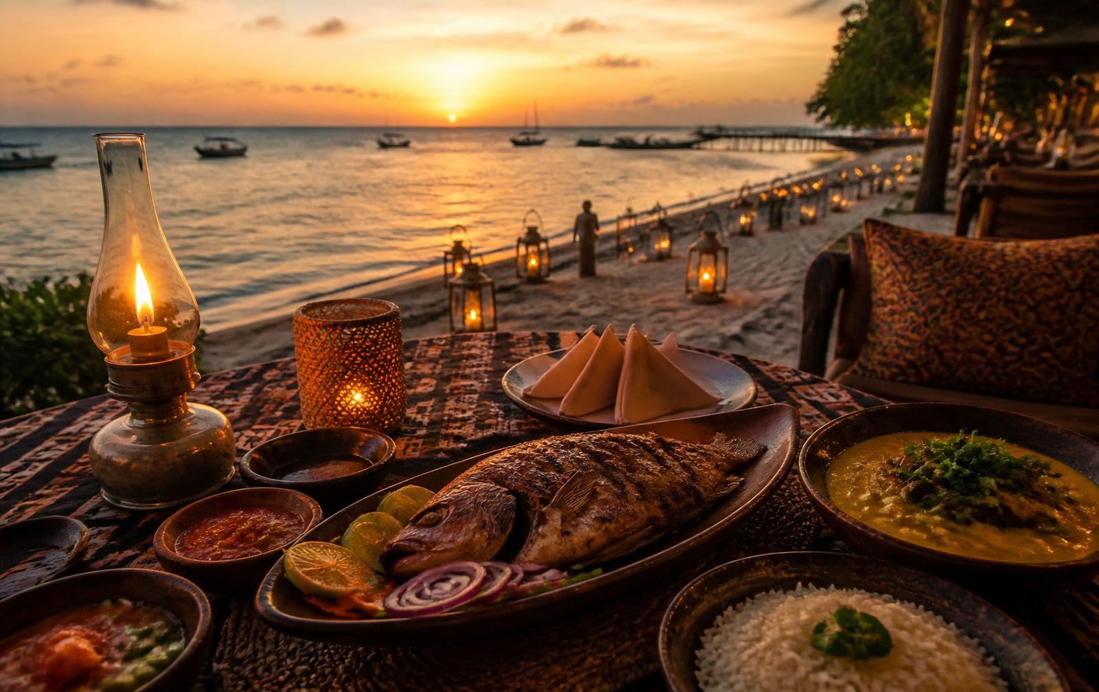 Swahili seafood dinner served at a beachfront restaurant in Zanzibar at sunset