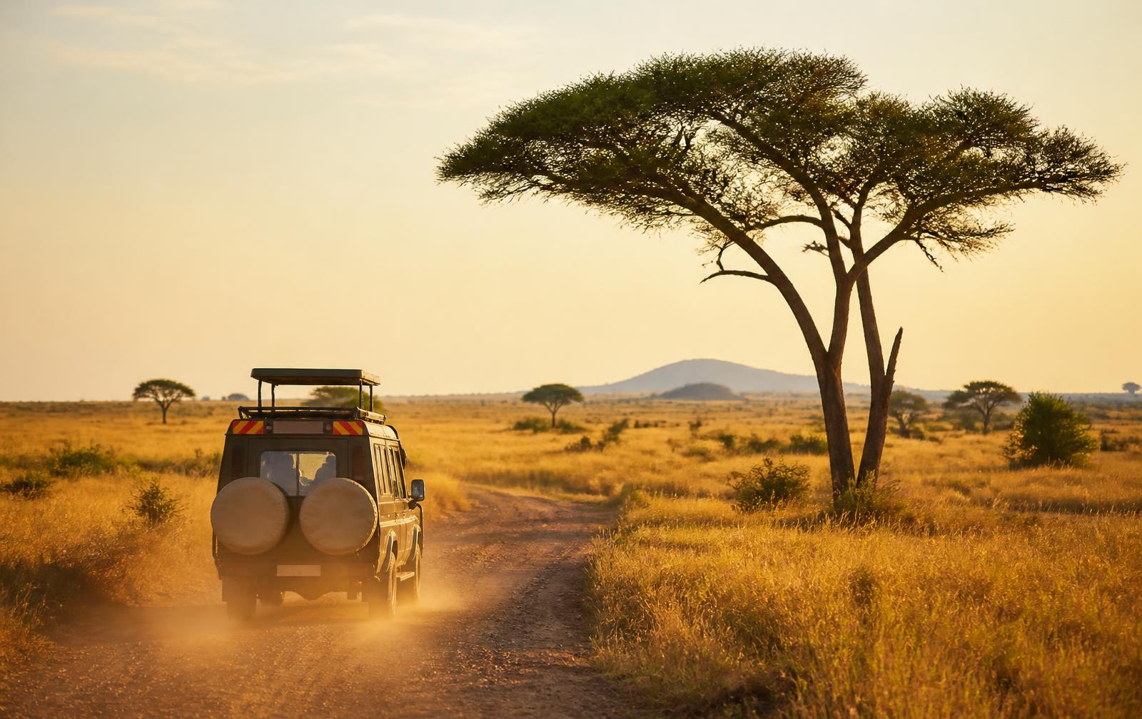 Safari vehicle on a dirt track beneath an acacia tree in Tanzania at golden hour