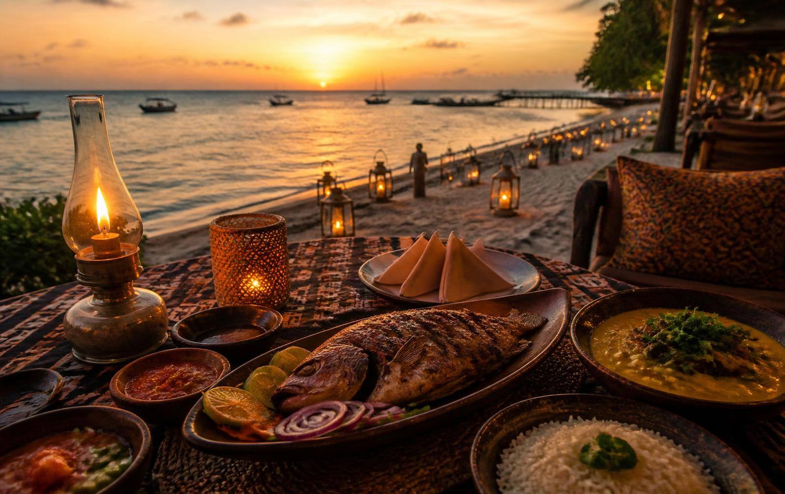 Swahili seafood dinner served at a beachfront restaurant in Zanzibar at sunset
