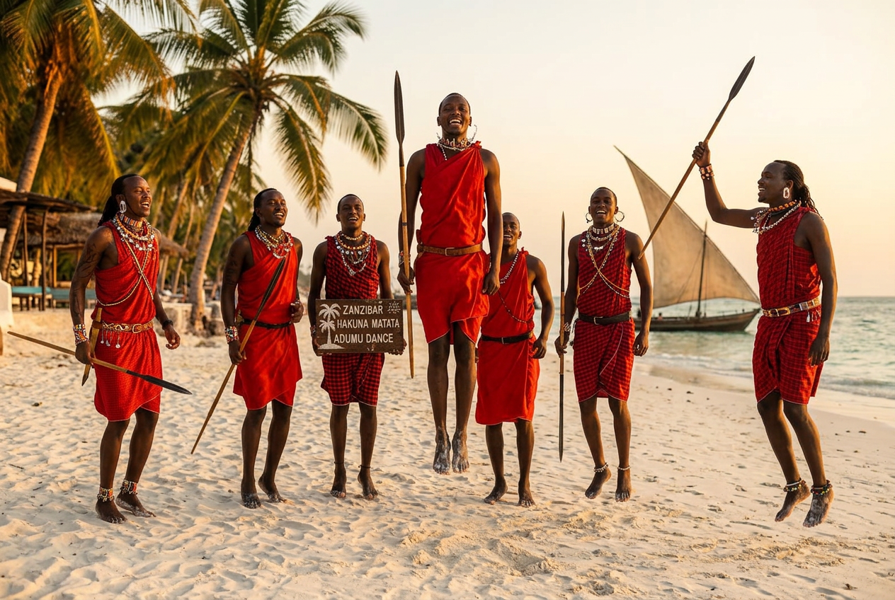 Young Tanzanians singing and clapping together on a Zanzibar beach at sunset