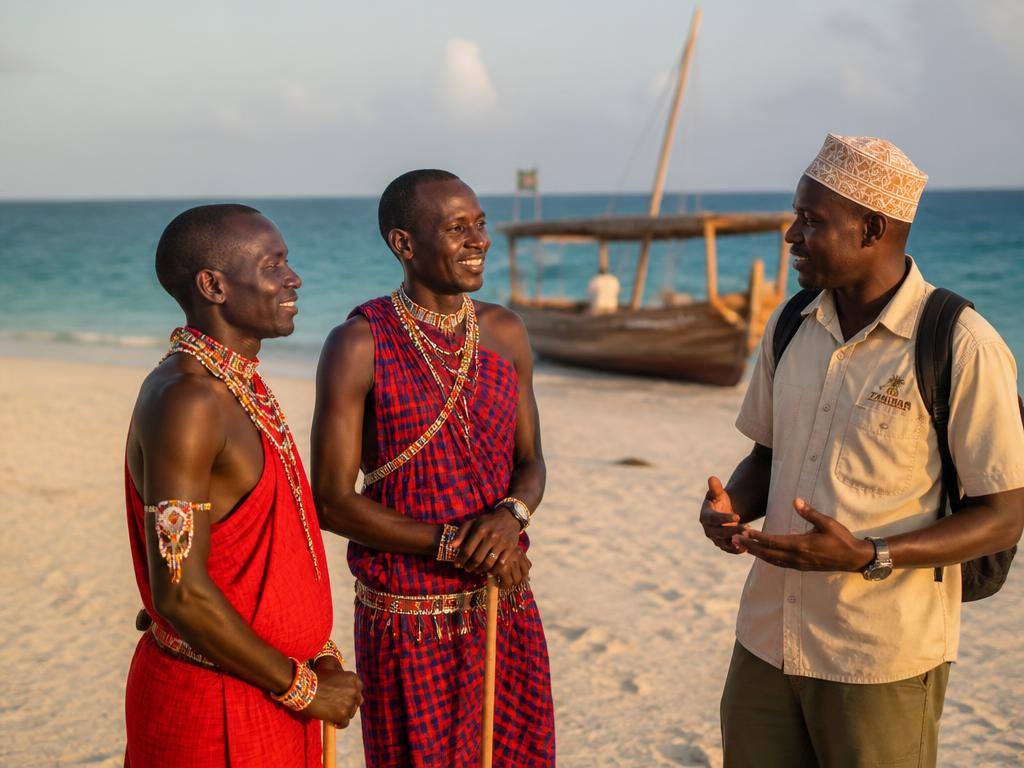 Maasai men in traditional red shuka talking with a local guide on a Zanzibar beach