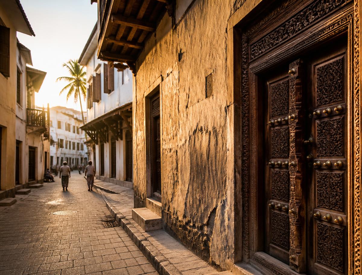 Historic carved door in Stone Town at golden hour