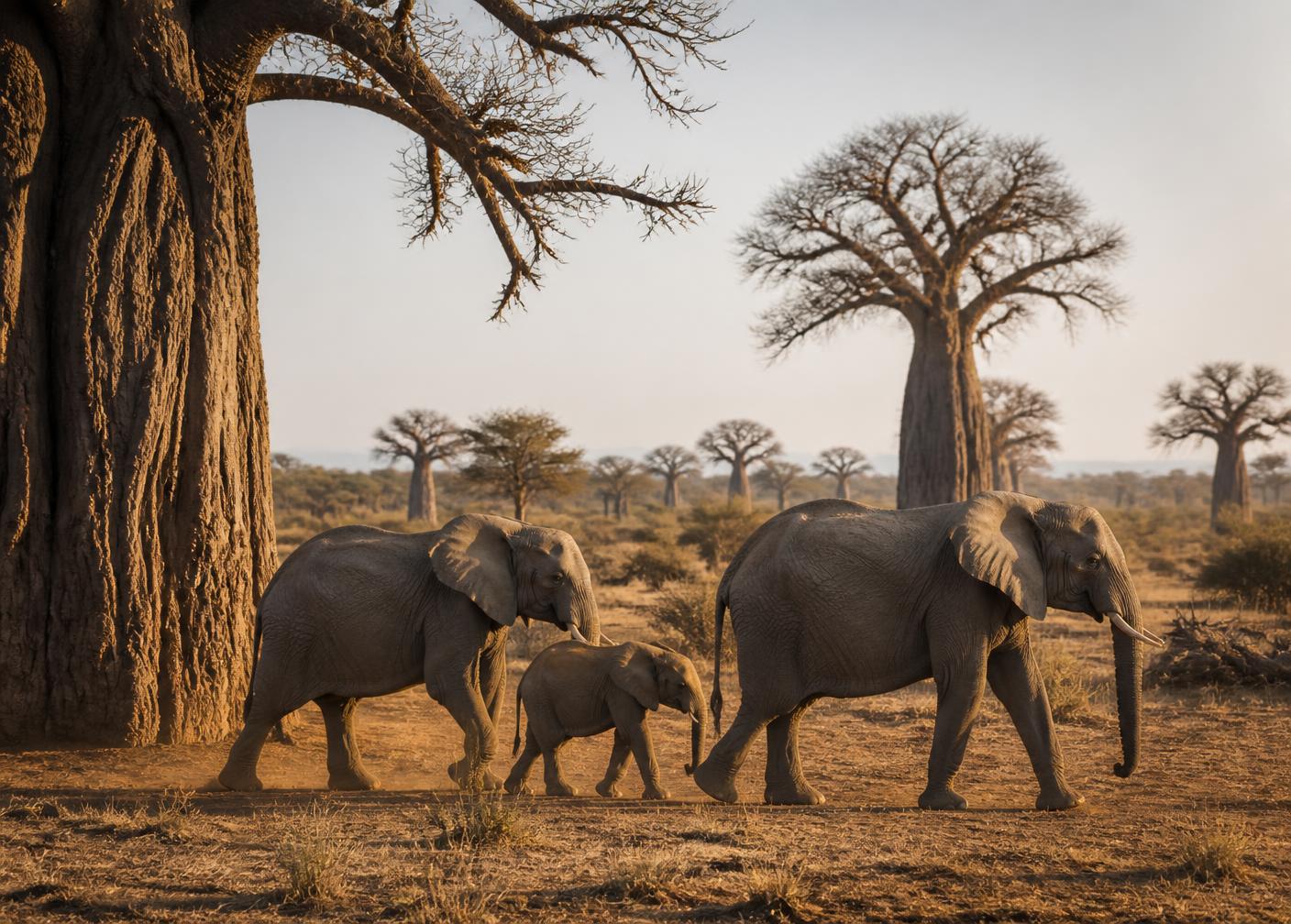 Elephants crossing a warm Tanzanian landscape