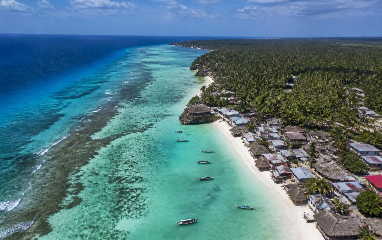 Aerial view of a Zanzibar coastal village with reef, lagoon and palm forest